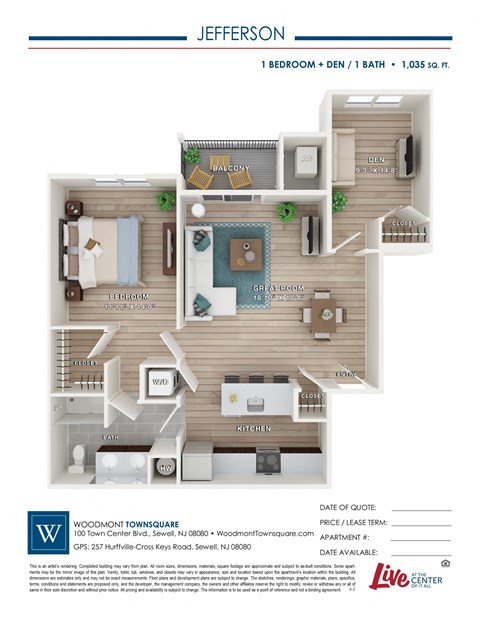 Floor plan for 1 bed, 1 bath, 1035 sqft
